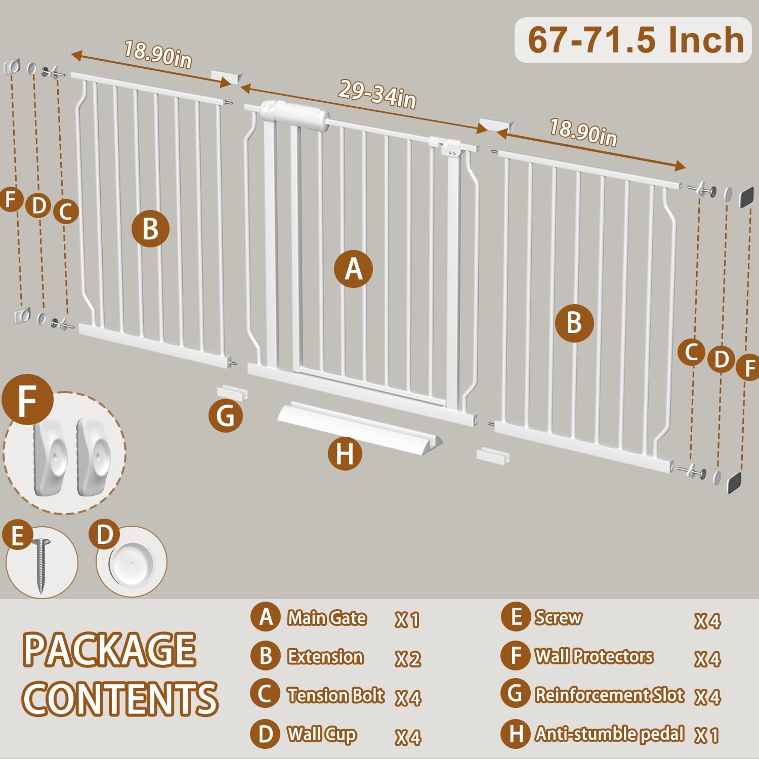 Fairy Baby Extra Wide Baby Gate for Doorways Auto Close Safety Gates for Bedroom, Fits 57.5 Inch to 62 Inch with Pressure Mounted Extention Kit, White | Pressure Mounted No Drill Pet Gate with Door, Heavy Duty Walk-Through Gate for Toddlers, Kids, Dogs,…