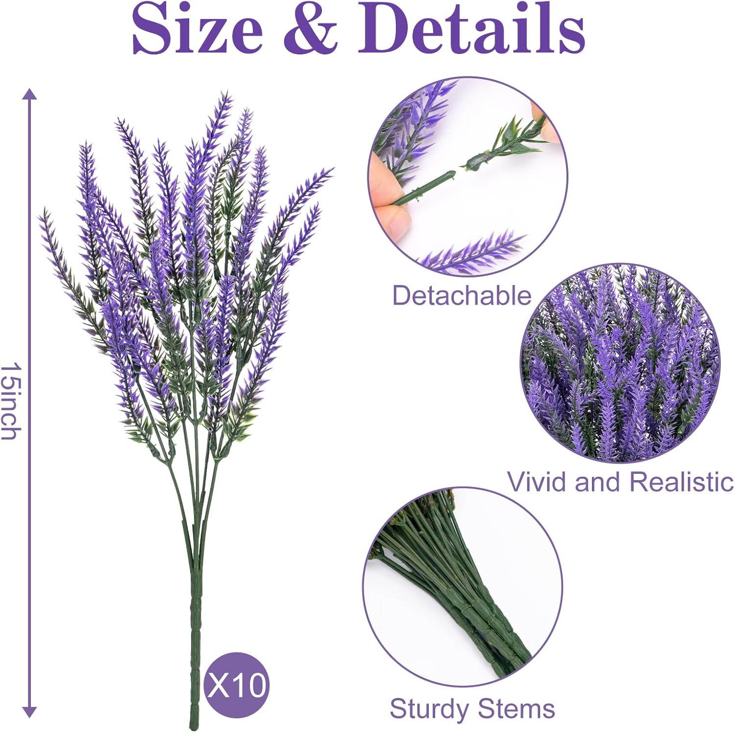 10 Bundles Fake Flowers Artificial Lavender Plants, Purple