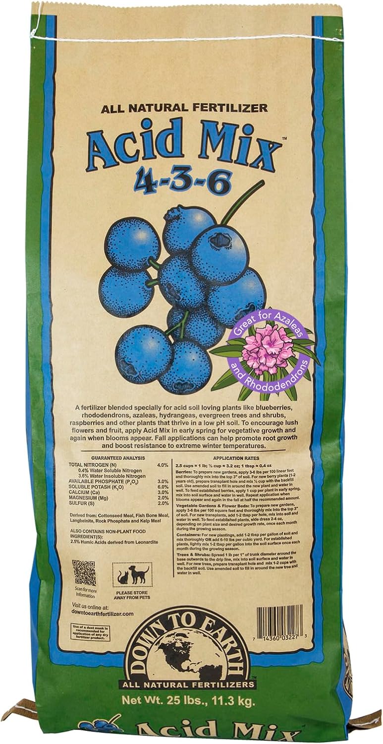 Down To Earth All Natural Fertilizers Organic Acid Mix - 4-3-6, 25 lb | Plant Food for Blueberries, Raspberries, Azaleas, Camellias, Rhododendrons, Hydrangeas, Evergreens and Acid-Loving Plants