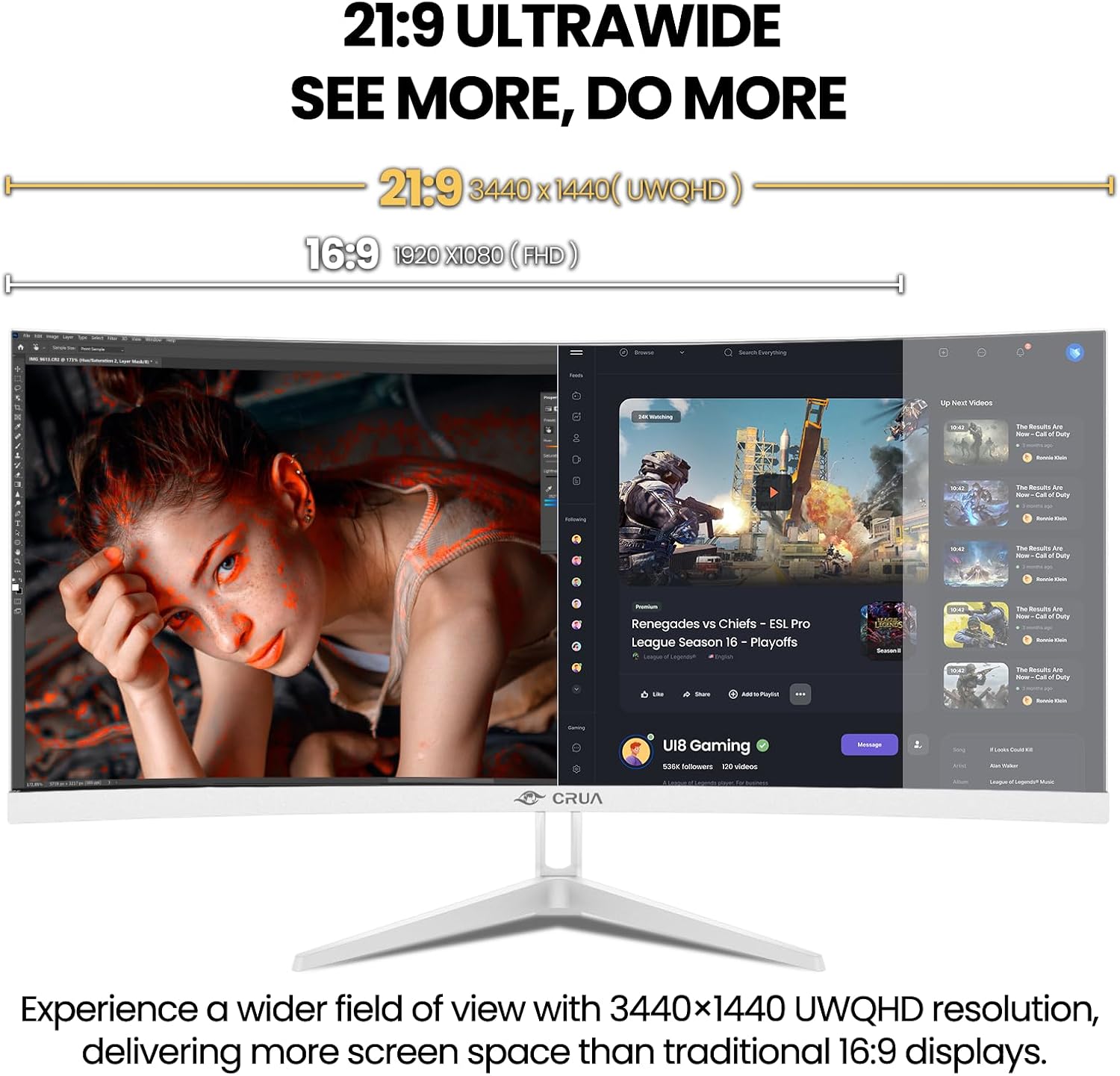 CRUA 34 Inch 21:9 UWQHD 100Hz IPS Ultrawide Curved Monitor, Speakers, White | 120% sRGB, 92% DCI-P3, 1.07B Colors, FreeSync, Blue Light, 3800R, HDMI 2.0, DP 1.4, 100x100 Mount, Office, Editing, Design PC