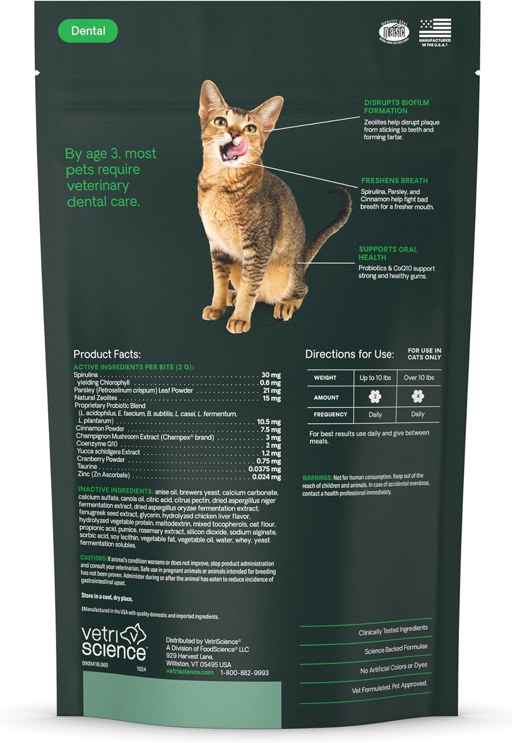 VetriScience Perio Plus Cat Teeth Cleaning Bites - Advanced Cat Breath Freshener - Dual Action Cat Dental Care Formula for Plaque Control & Fresh