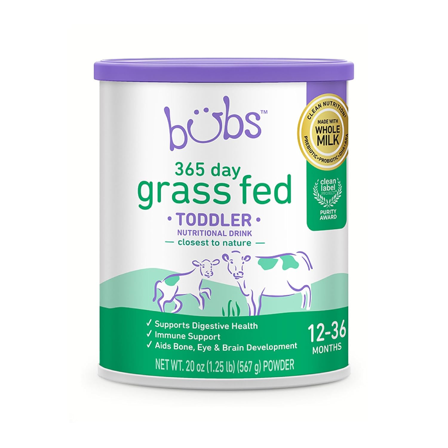 Bubs 365 Day Grass Fed Infant Formula for 0-12 Months, Non-GMO Milk, 20oz | Cow Milk-Based Powder with Iron, DHA, Prebiotics & Probiotics to Support Gentle, Digestive Health