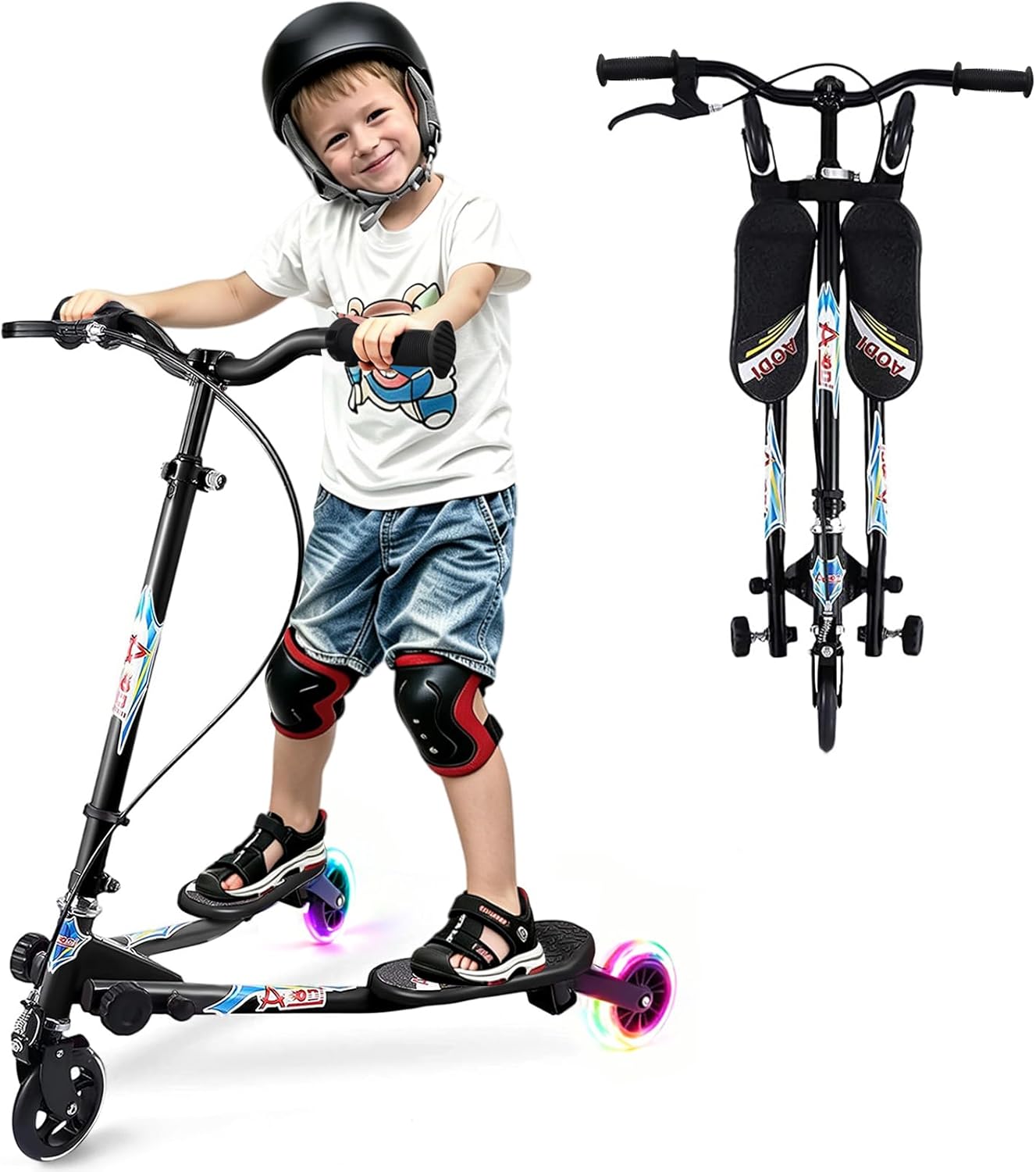 Swing Scooter for Kids, 3 Wheels Foldable Wiggle Kick Scooter Push Drifting with 4 Adjustable Handlebar & 2 Rear LED Wheel for Boys and Girls Ages 3-8