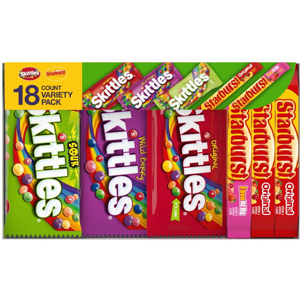 SKITTLES & STARBURST Assorted Candy Variety Pack Bulk Box 18 Count 37.05 oz | Everyday snacking, snack box, mix candy assortment bulk candy fruity candies bulk box for fundraising, snacking, road trips