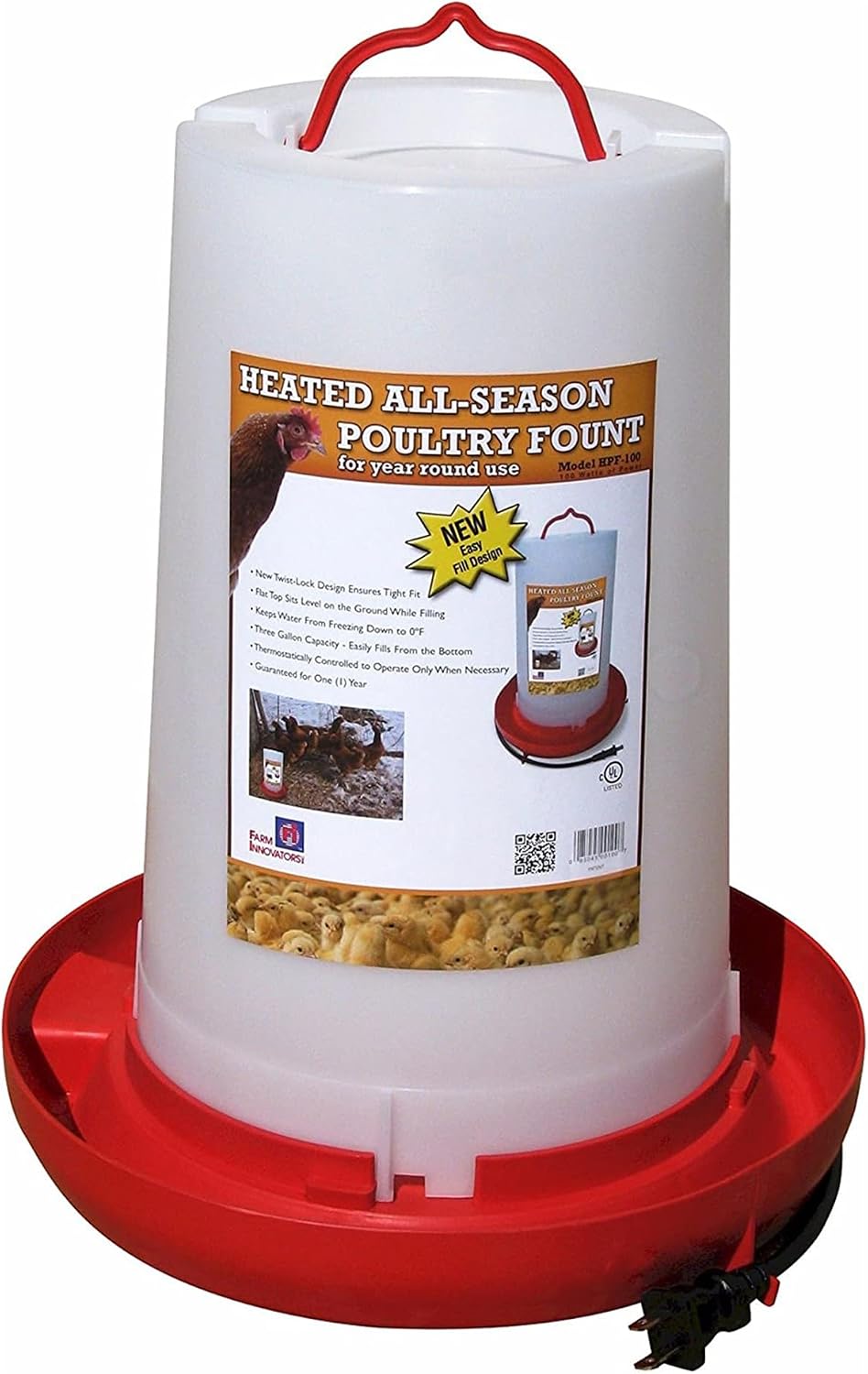Farm Innovators HB-60P Thermostatically Controlled Heated 2 Gallon Plastic Outdoor Year Round Poultry Chicken Water Bucket Drinker, White/Red | Thermostatically controlled to keep water from freezing, side mounted drip-free/freeze-free nipples for up to…