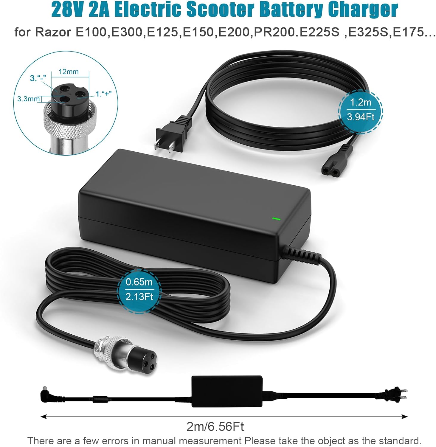 24V 2A Electric Bike Scooter Battery Fast Charger for Razor CC2420 E100 E125 E150 E175 E200 E225S E300 E325S E500 MX350 MX400 PR200 Pocket Mod Rocket