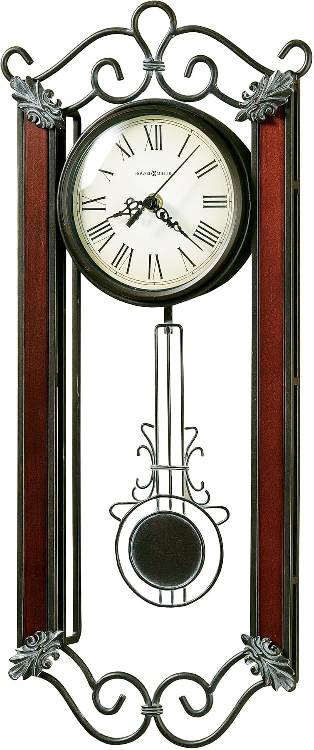 Howard Miller Carmen Pendulum Wall Clock – Wrought Iron Frame, Roman Numerals, Convex Glass Crystal, Quartz Movement