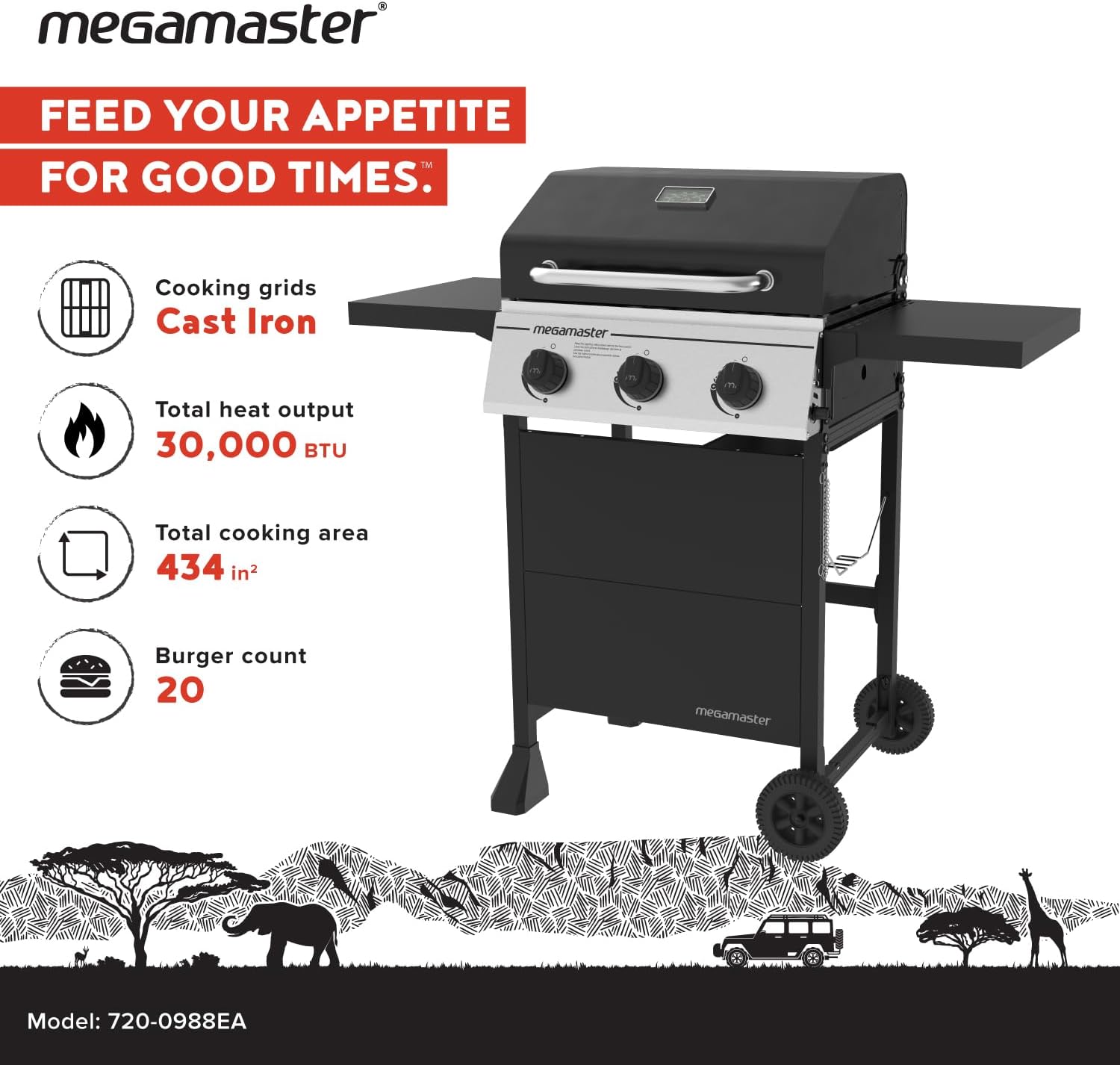 Megamaster Propane 3 Burner Gas Grill, Foldable Shelves with Warming Rack