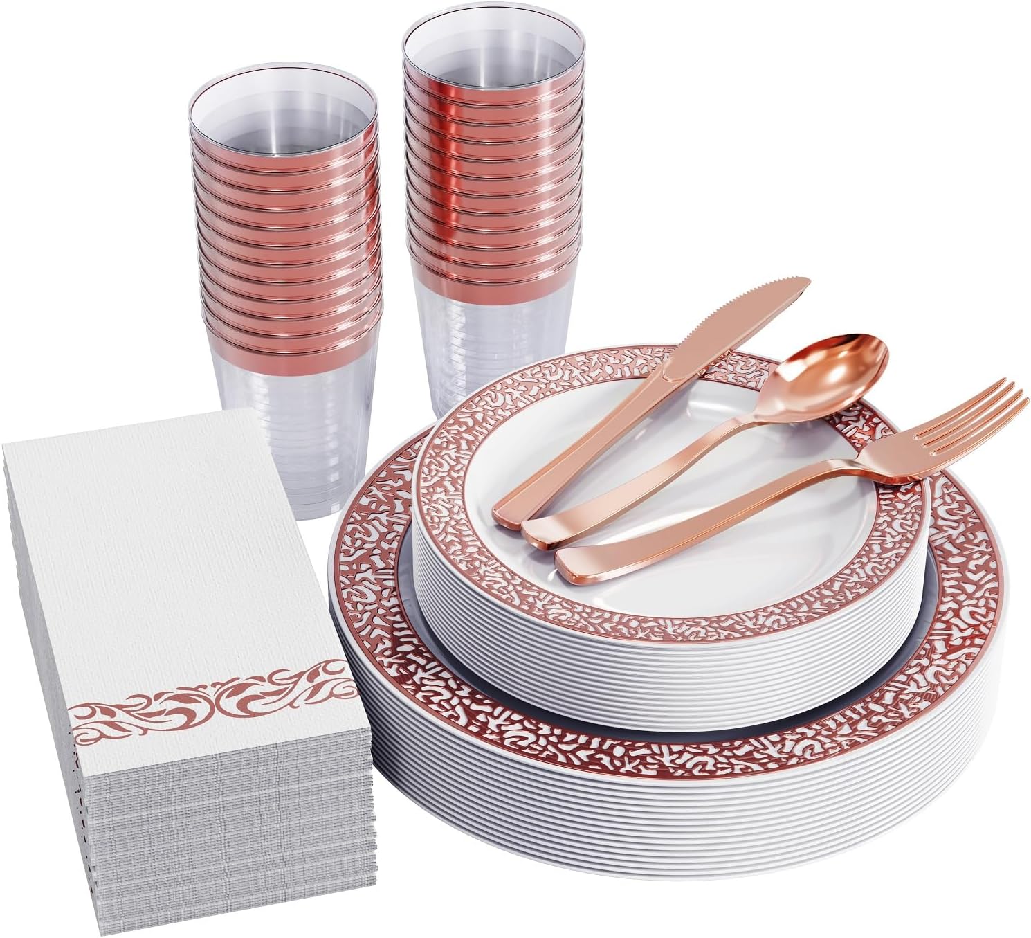 FOCUSLINE 175 Pieces Rose Gold Disposable Dinnerware Set for 25 Guests