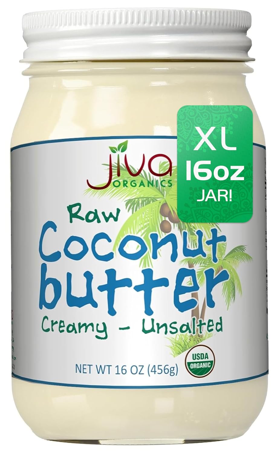 Jiva Organics RAW Organic Coconut Butter 16 Ounce Jar - Creamy, Unsalted