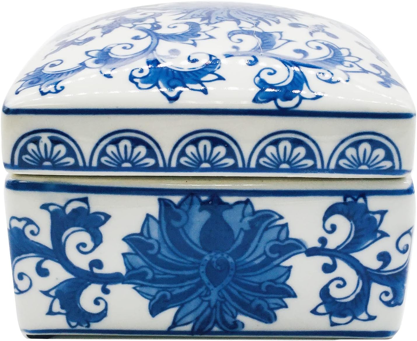 Blue & White China Lotus Floral Pattern Chinoiserie Square Ceramic Storage Box Jewelry Trinkets Organizer