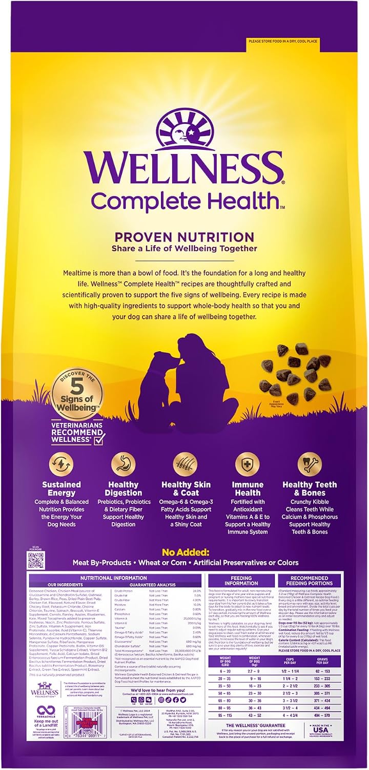 Wellness Complete Health Adult Dry Dog Food, Wholesome Grain Kibble, Natural, Chicken and Oatmeal Recipe, 5 lb Bag