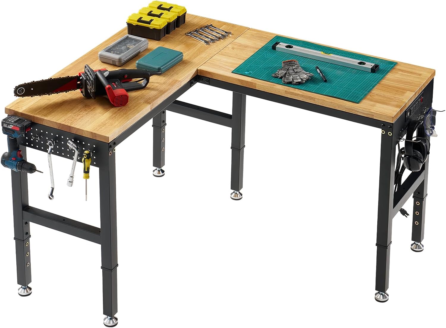 SPECRAFT Adjustable Black Heavy-Duty Workbench | 2000 Lbs Capacity, Rubber Wood Top, 4 AC Outlets and 2 USB Ports, for Garage, Workshop and Office