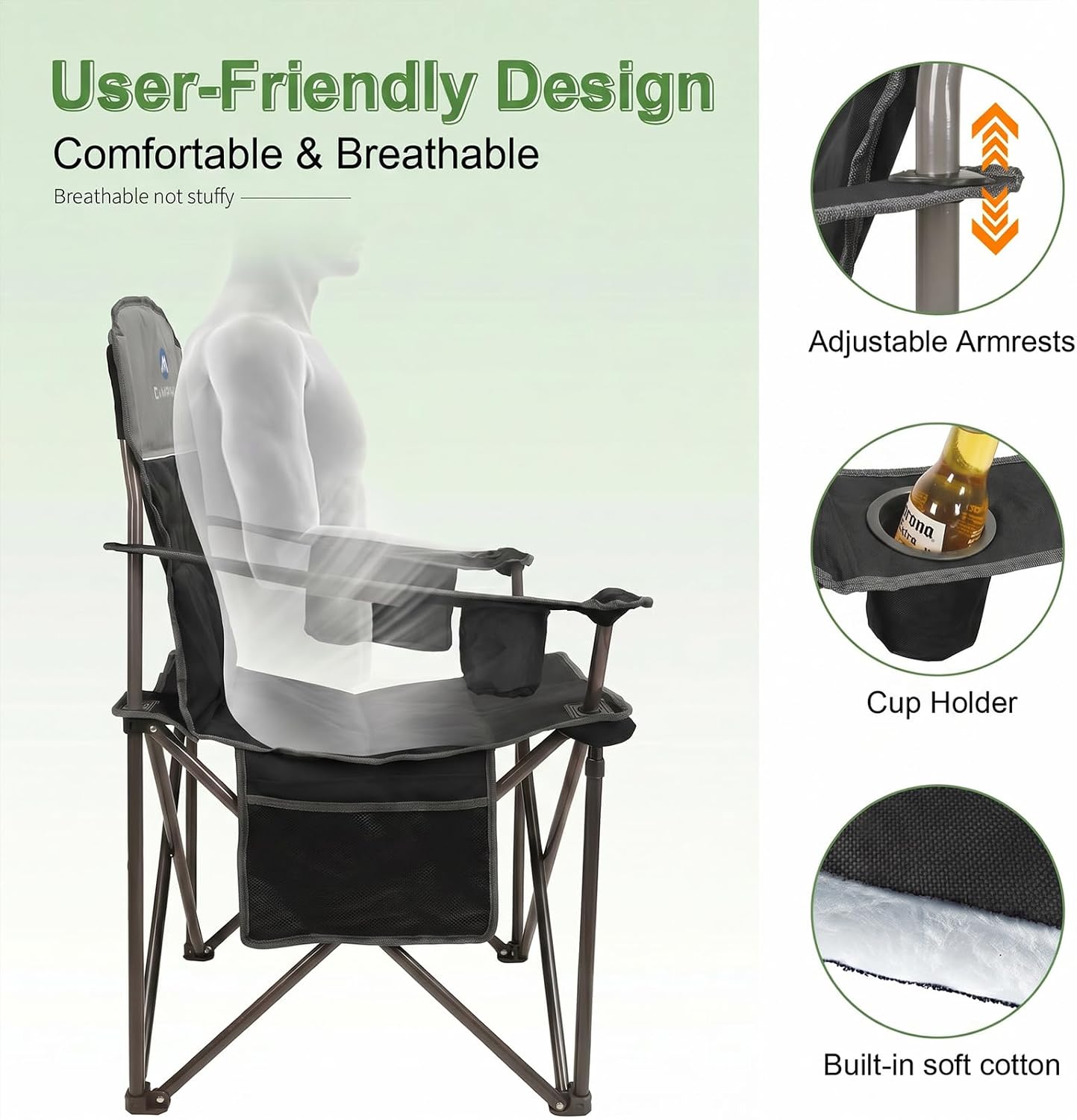 Oversized Camping Chairs 2 Pack - Heavy Duty 400LBS Padded Lawn Chair with Cooler Bag,Cup Holder,Side Pocket,Collapsible for Outdoor,Camp,Fishing & Garden,Dark Green