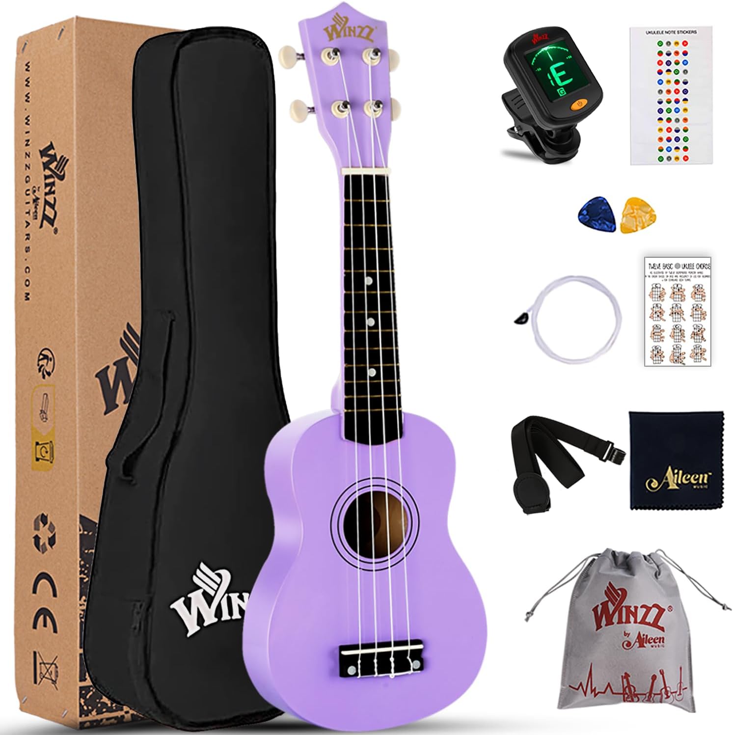 Winzz Soprano Ukulele Starter Kit For Beginners with Bag, Clip-On Tuner, Extra Strings, Strap, Plectrum, Fret Stickers, Chords Card, Polishing Cloth, Black