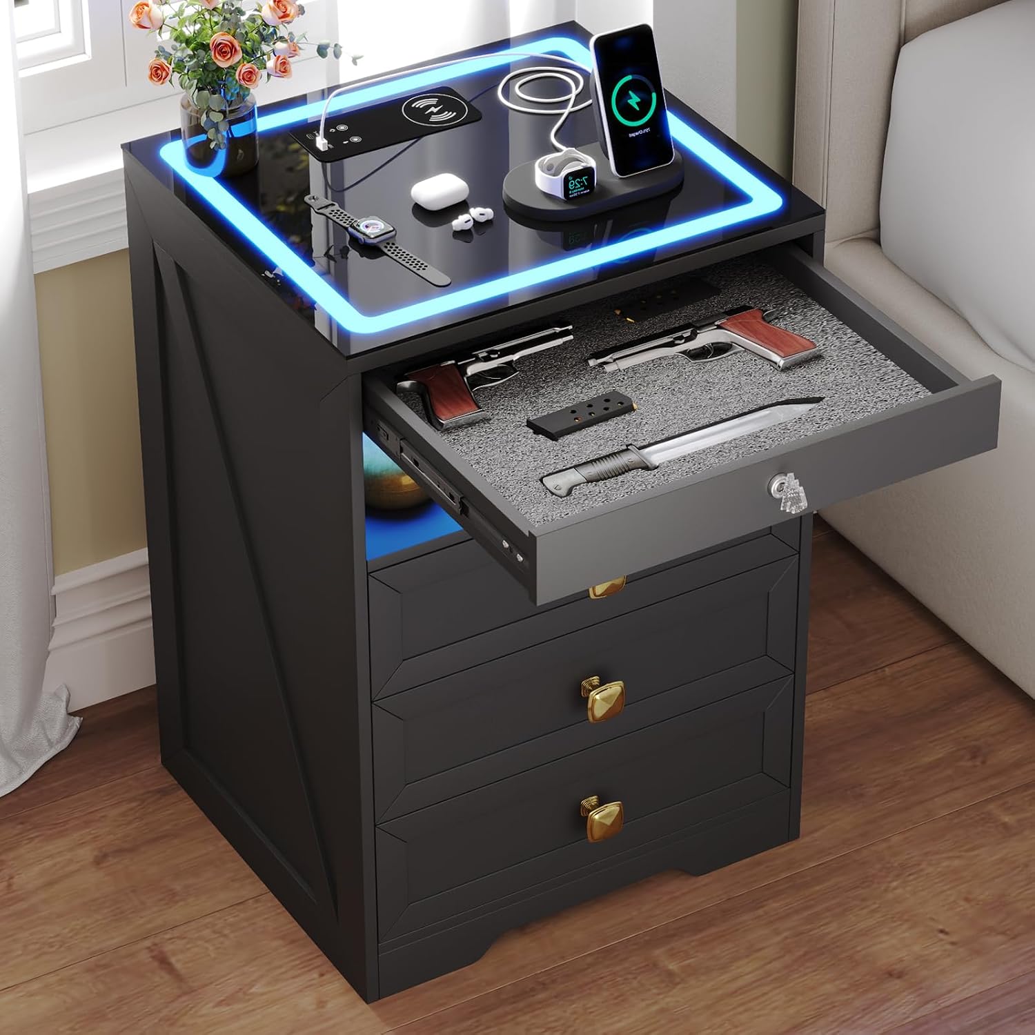 Smart LED Nightstand with Lockable Gun Drawer & Glass Top（Black） | Modern Bedside Table with Charging Station and Hidden Storage, LED Night Stand with 4 Drawers & Motion Sensor for Bedroom