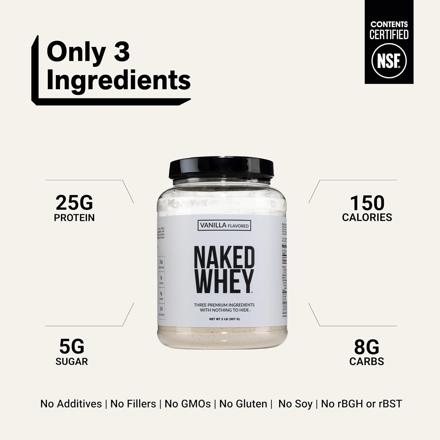 NAKED Whey 5LB 100% Grass Fed Unflavored Whey Protein Powder - Only 1 Ingredient, NSF Certified, Undenatured, Gluten Free, Soy Free, Promote Muscle Growth and Recovery - 76 Servings