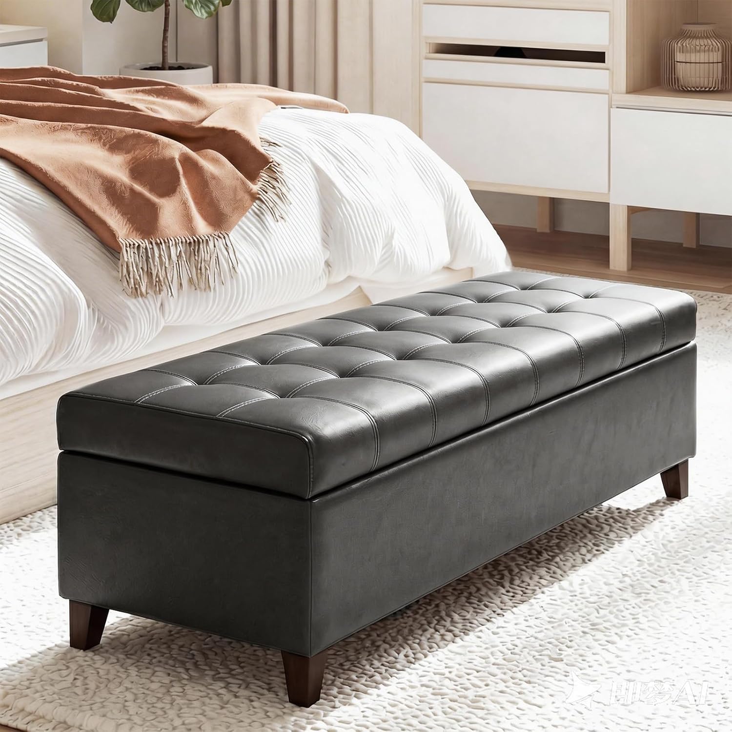 51 Inch Storage Bench,Leather Tufted Storage Ottoman with Legs | Safety Hinges,Wooden Legs,Upholstered,End of Bed,Bedroom,Living Room,Entryway,330LBS,Brown