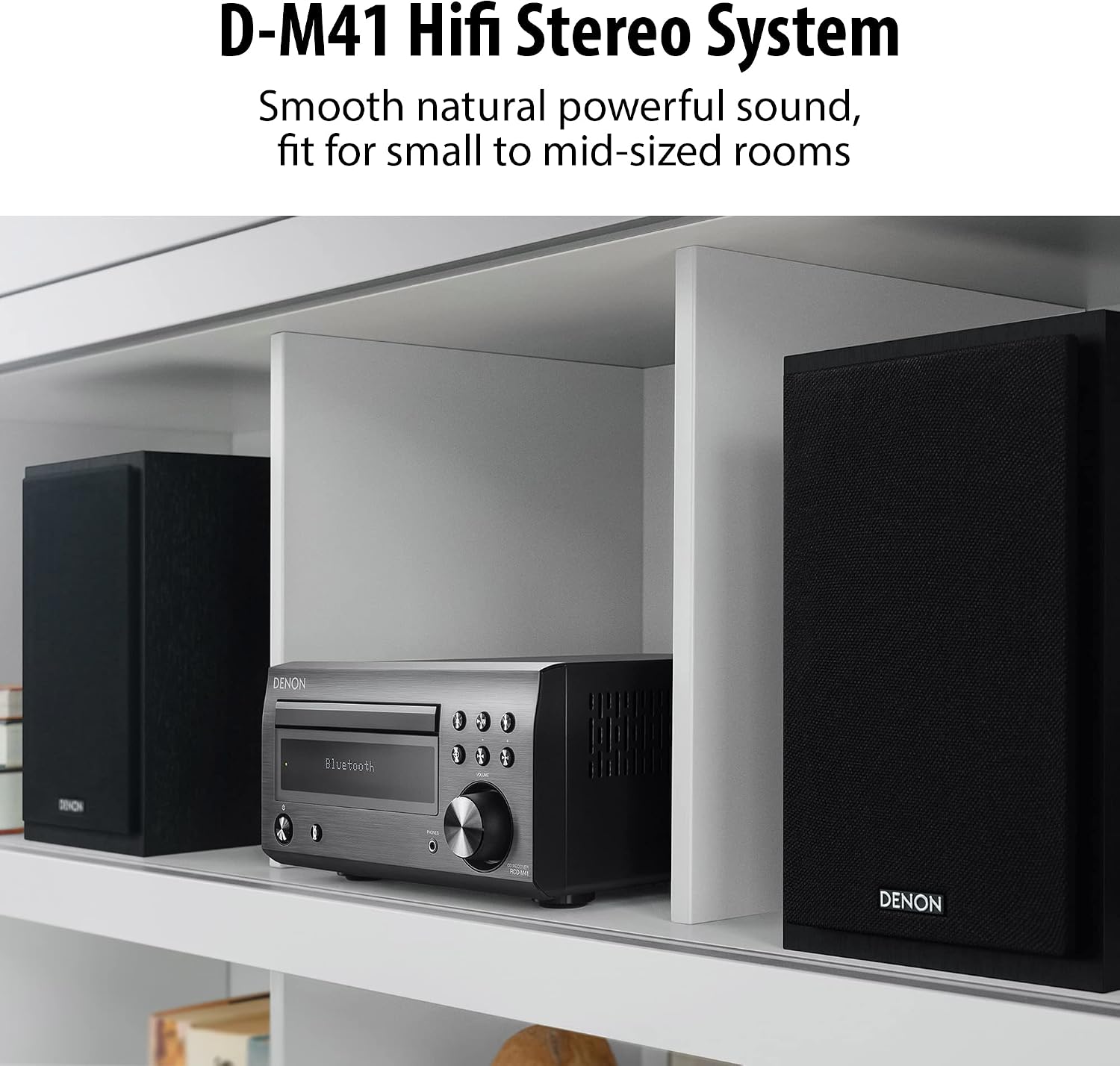 Denon D-M41 Home Theater Mini Amplifier and Bookshelf Speaker Pair | Compact HiFi CD Stereo System with Speakers, FM/AM Tuner, Wireless Bluetooth Amp