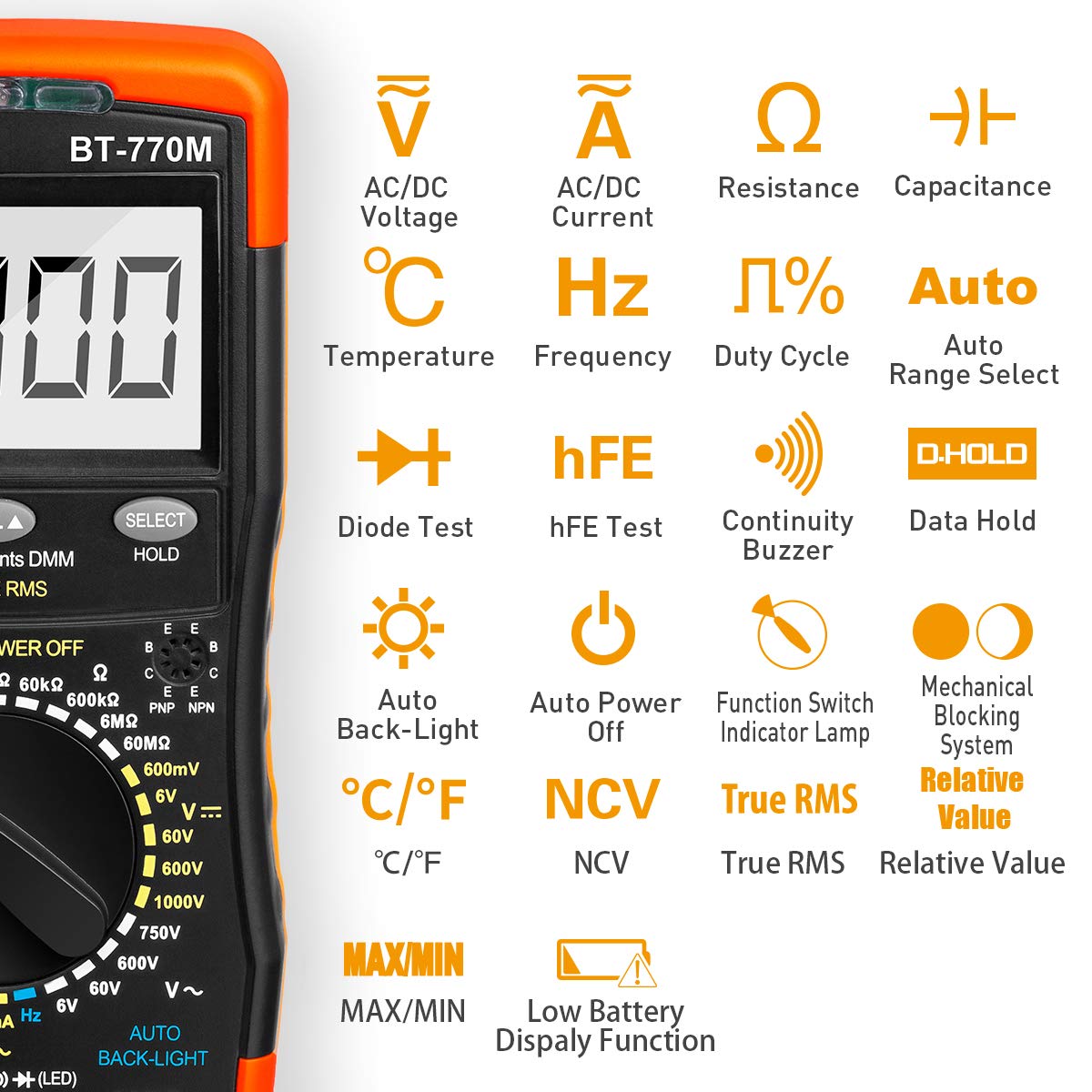 Digital Multimeter TRMS 6000 Count, BTMETER BT-770M Auto/Manual Ranging DMM Electrical Meter Tester for AC/DC Amp, AC/DC Volt