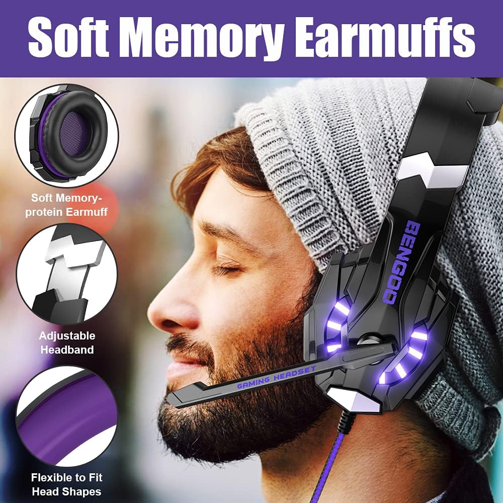 BENGOO G9000 Stereo Gaming Headset for PS4 PC Xbox One PS5 Controller, Noise Cancelling Over Ear Headphones with Mic, LED Light, 7.1 Surround Sound, Soft Memory Earmuffs for Nintendo Xbox Series X|S