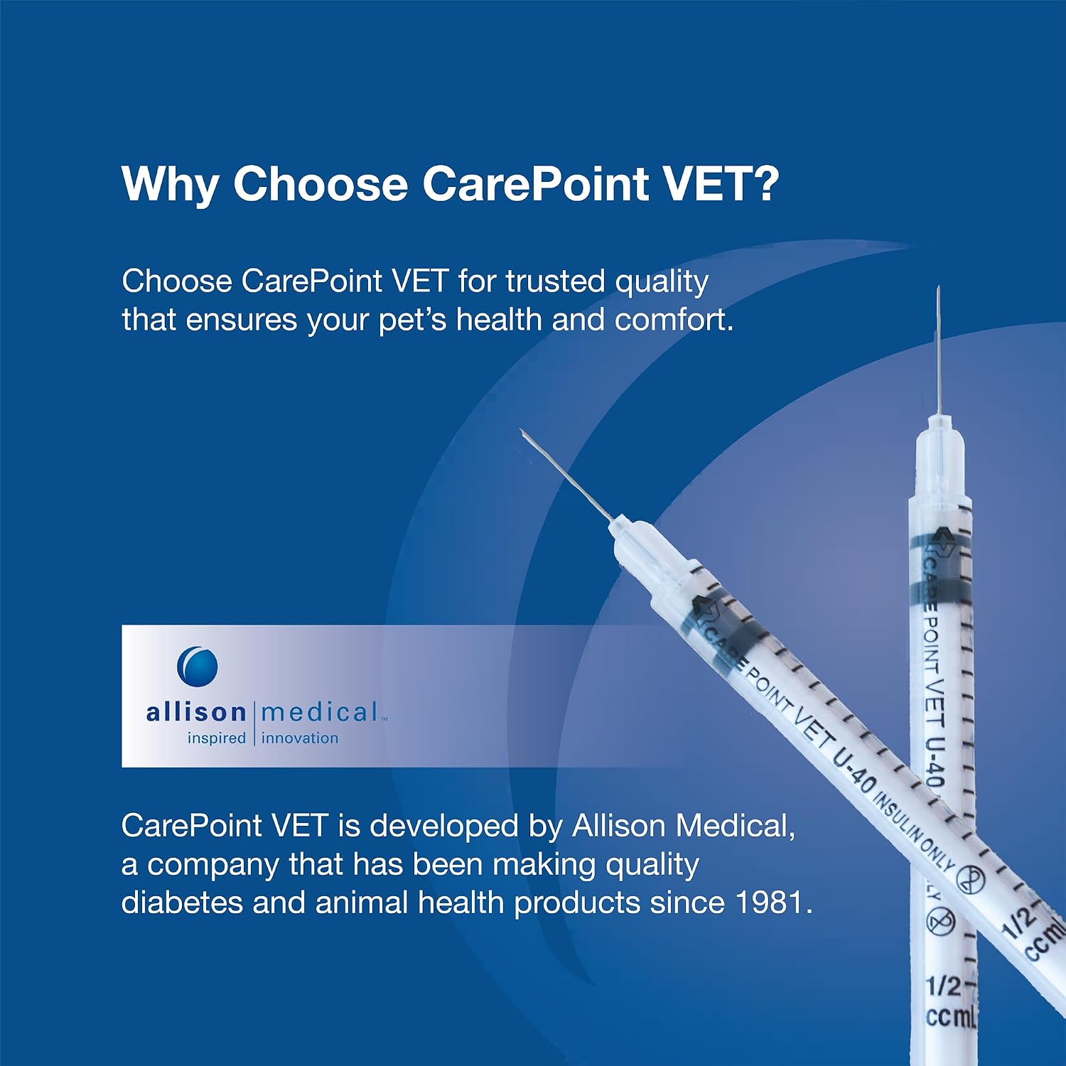 Carepoint Vet U-40 Pet Insulin Syringes, 29G x 1/2" 1/2cc, Comfortable Injection, Bold Permanent Markings for Accurate Dosage, Disposable, Box of 100