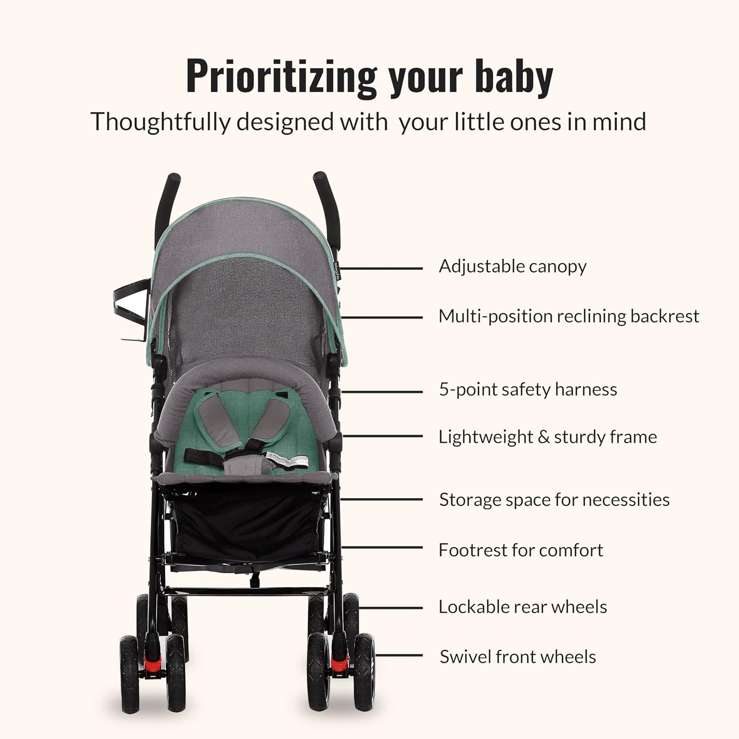 Dream On Me Vista Moonwalk Baby Stroller in Light Gray, Lightweight Infant Stroller with Compact Fold