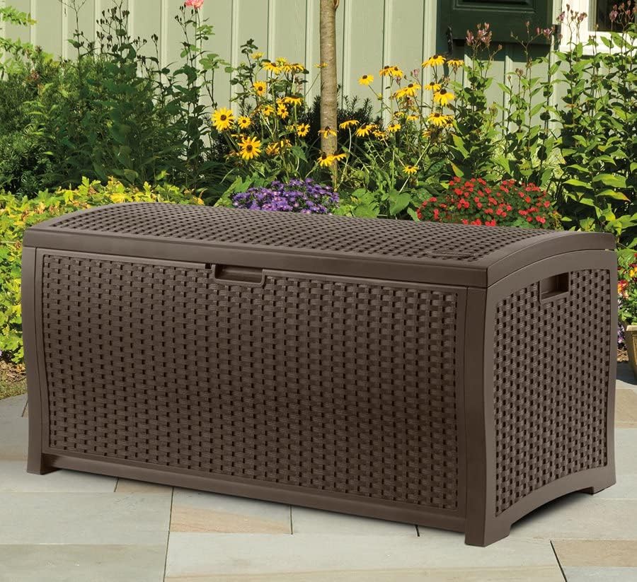 Suncast Outdoor Storage Box - 73 Gallon Mocha Brown Deck Box for Patio, weather-resistant Outdoor Storage Bench, Resin Wicker Style, Heavy-Duty, Lockable Lid for Cushions, Shoes, Pool & Garden Gear