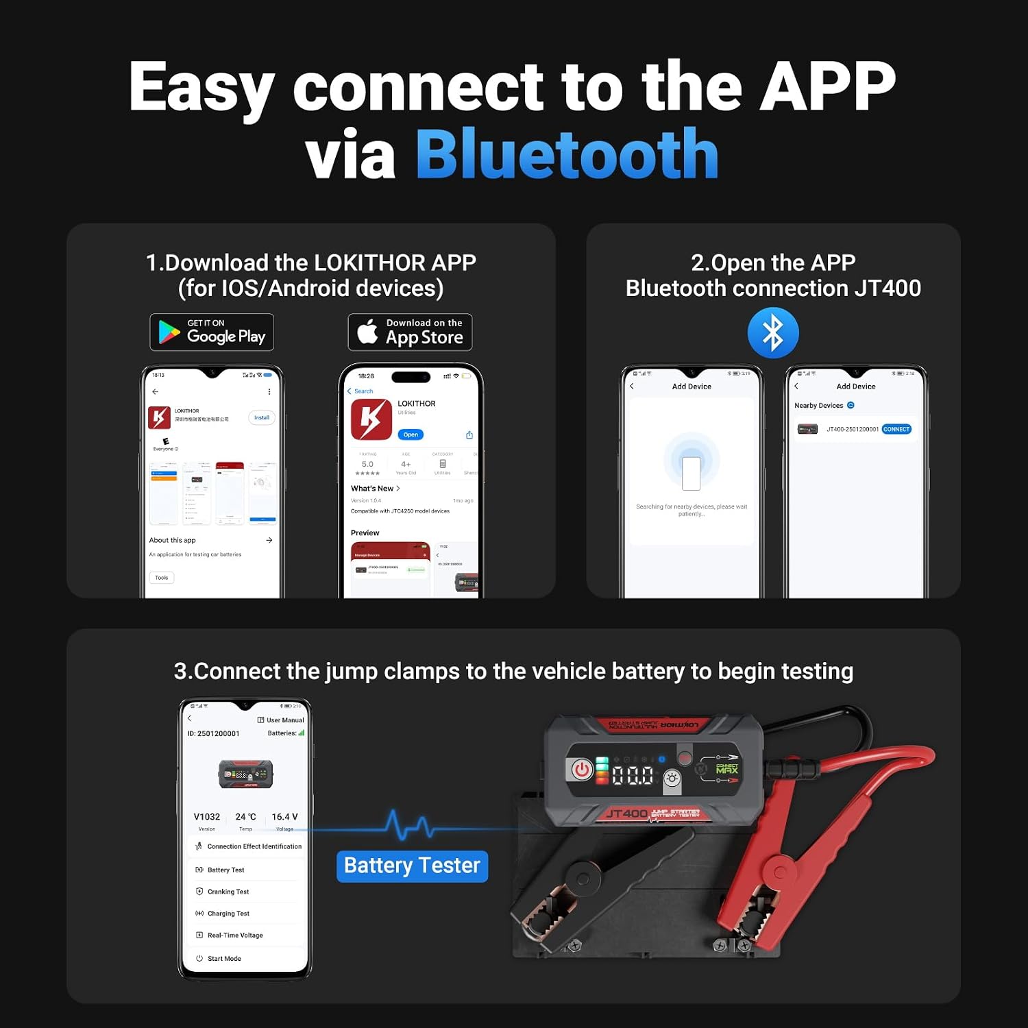 LOKITHOR JT400 2500A Portable Jump Starter with 100–2000 CCA Battery Tester, 12V Car Battery Jump Starter for Up to 8.5L Gas or 6.5L Diesel Engines, Smart Bluetooth Automotive Battery Load Tester