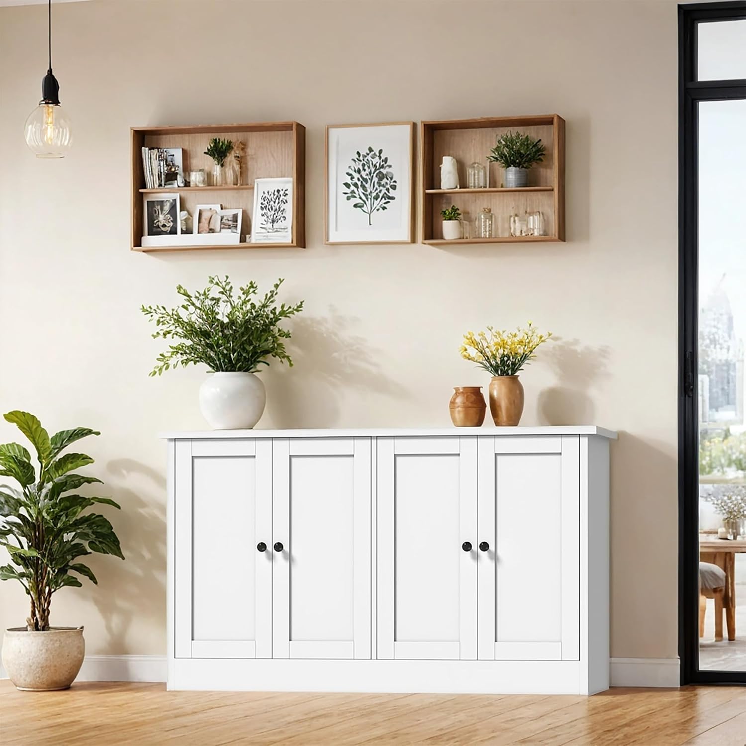 holzart White Buffet Cabinet with Storage, 49" Modern Kitchen Sideboard with 4 Doors & Adjustable Shelves, Wood Coffee Bar Cabinet Console Table for Dining Room, Living Room, Entryway