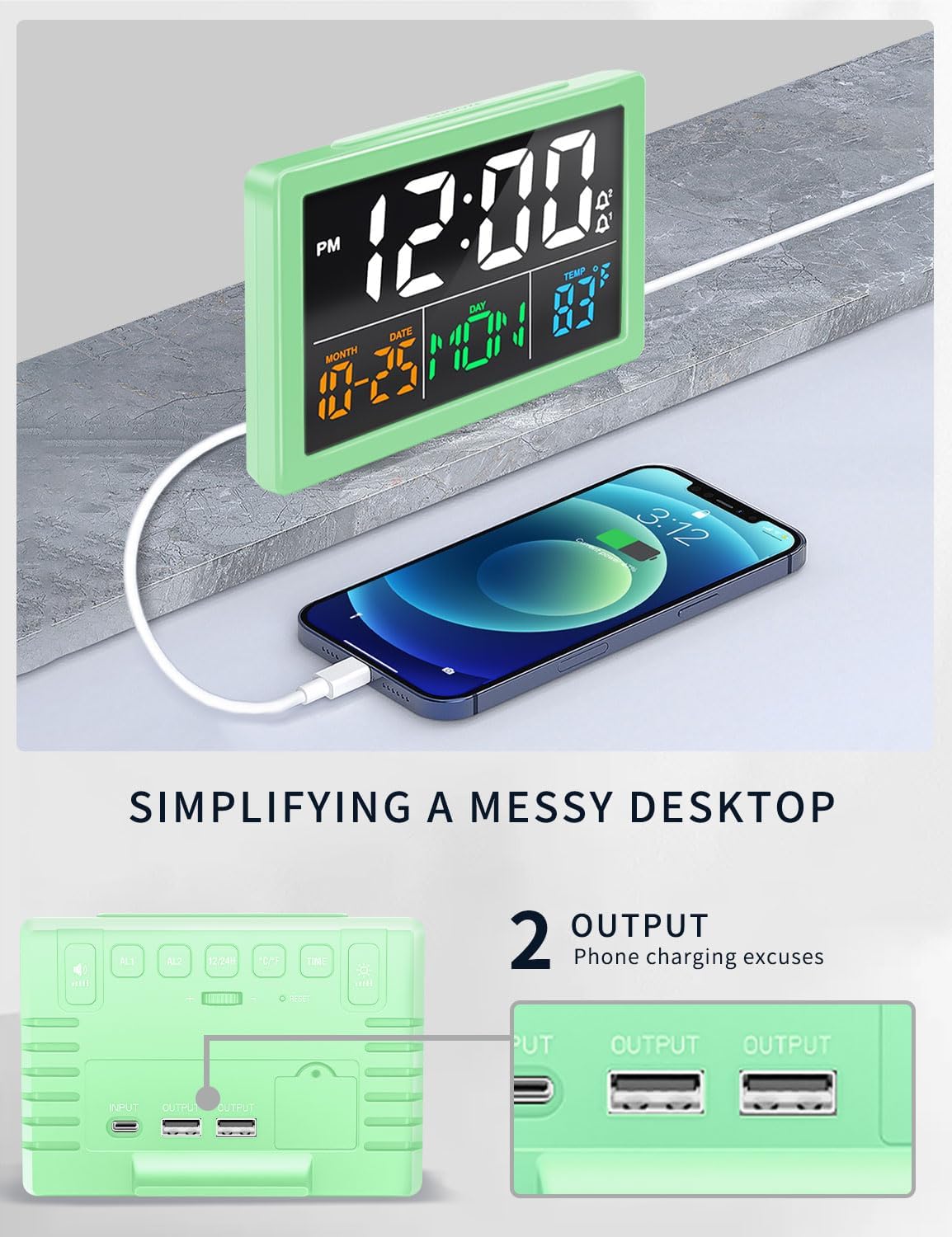 JALL Digital Clock with Date Day for Seniors, Electric Alarm Clocks for Bedrooms with Temperature, 2 Alarms, Dimmer, Dual USB Charger, Battery Backup