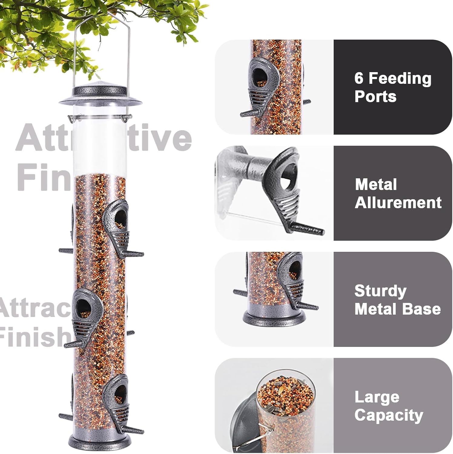 MIXXIDEA 1PK Metal Bird Feeders with 6 Feeding Ports, Tube Bird Feeder with Steel Hanger, Hard Plastic Wild Bird Feeder for Outdoors Hanging