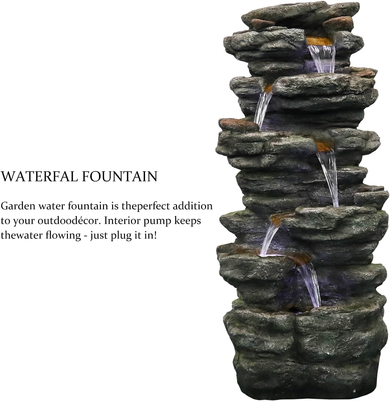 SunJet 40.5” High Rocks Outdoor Water Fountain - 6-Tiers Cascading Waterfall with LED Lights, Soothing Tranquility for Home Garden, Yard Decor