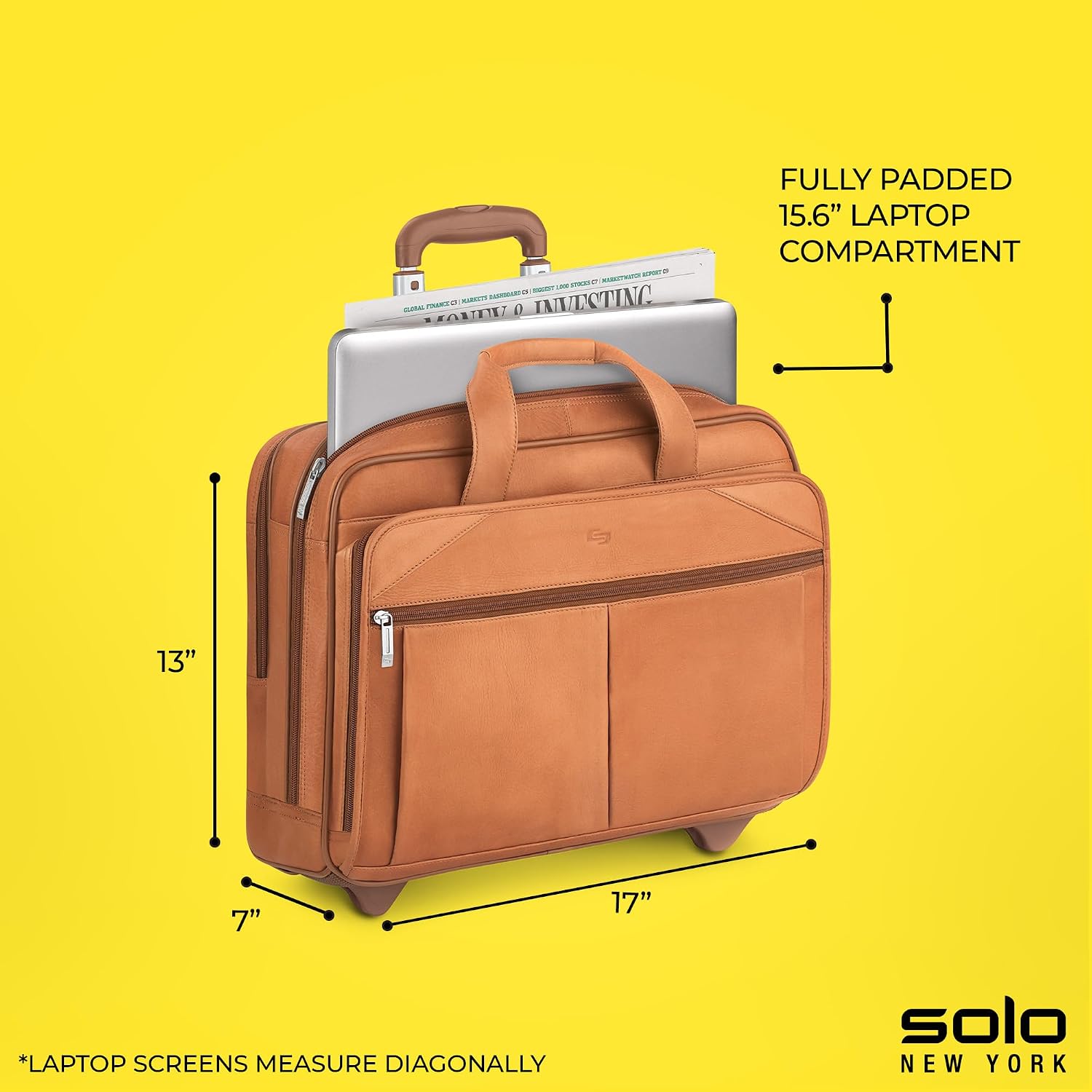 Solo New York Leather Rolling Case with Wheels - Roller Laptop Bag, Wheeled Briefcase for Women & Men, Carry On Size for Travel