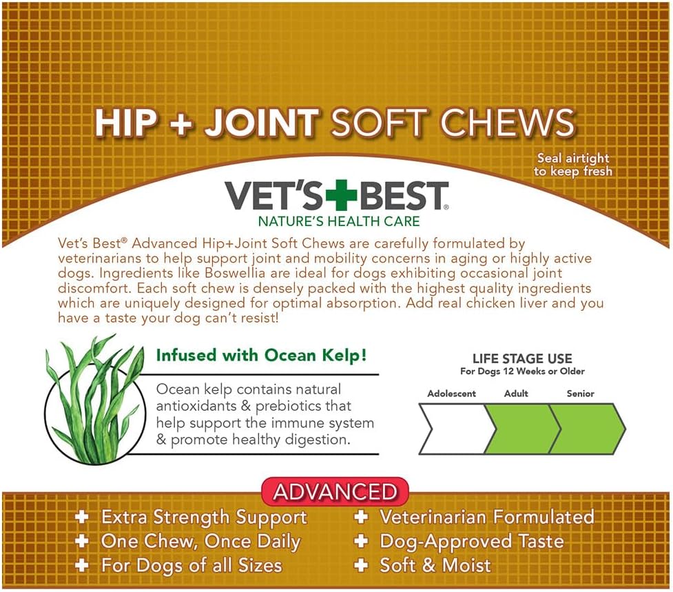 Vet's Best Advanced Hip & Joint Soft Chews for Dogs, 30 Day Supply | Glucosamine & Chondroitin Soft Chews, Supports Joint Mobility & Cartilage Health