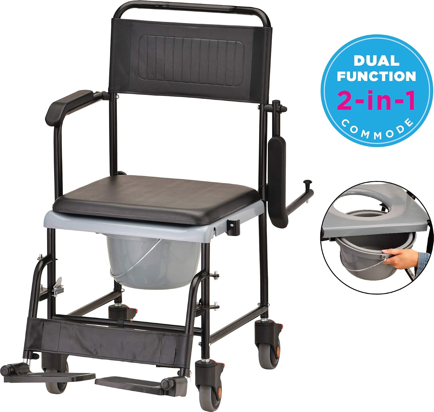 NOVA Medical Products Drop Arm (for Easy User Transfer) Transport Chair Commode, Rolling with Locking Wheels & Removable Padded Seat