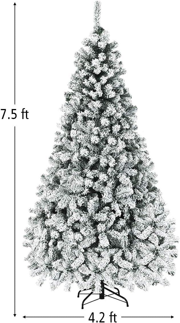 Goplus 7.5ft Pre-Lit Artificial Christmas Tree, Premium PVC Snow Flocked Hinged Pine Tree with Metal Stand and LED Lights