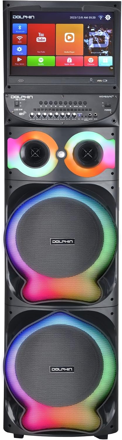 Dolphin Karaoke Machine with 2 Wireless Microphones, Dual 12" Woofers | 200W RMS, 15.4" Touchscreen, Android, Bluetooth, HDMI, WiFi, USB, TF