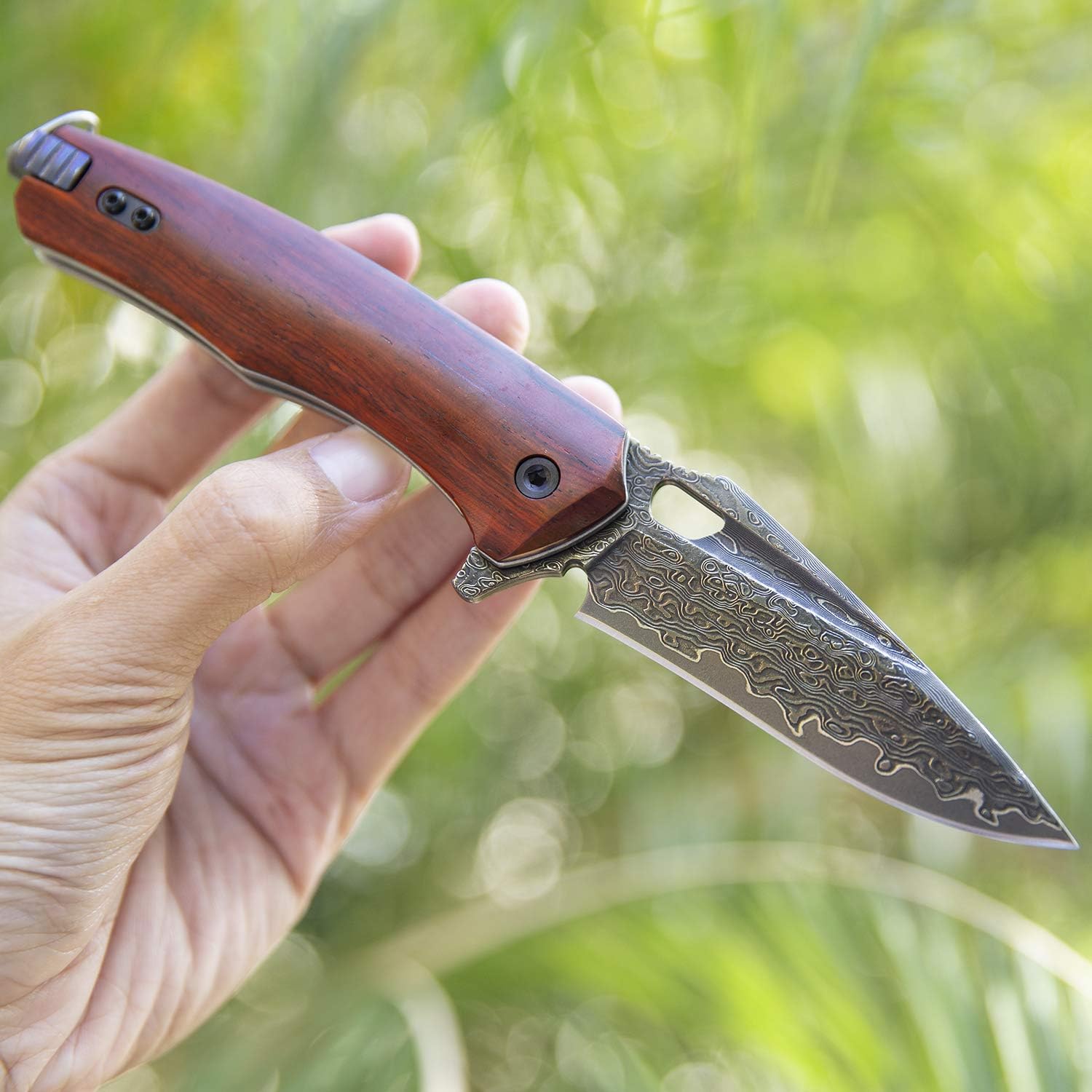 Damascus steel multifunctional EDC folding knife with self assembling pocket clip, lining lock, leather sheath, one piece disassembly pocket knife