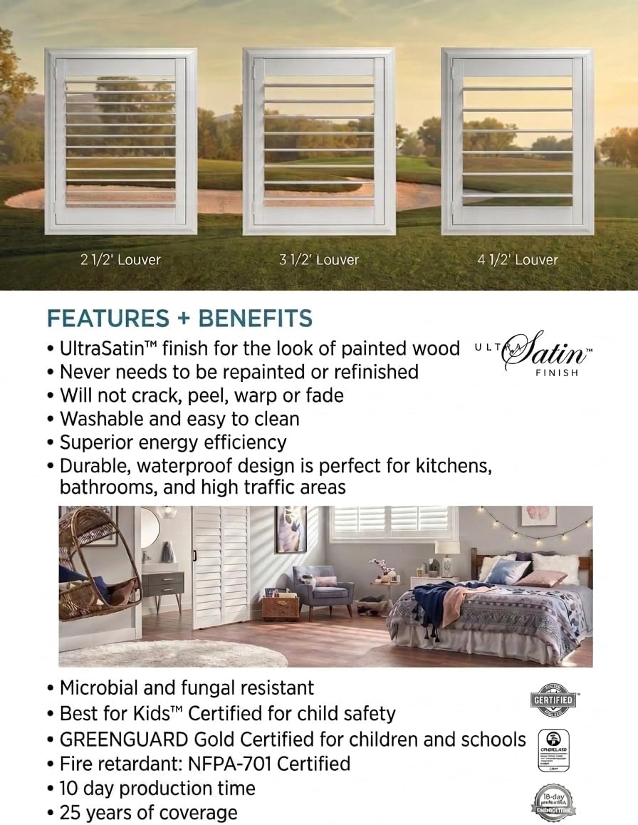 -Plantation Shutters –Custom Made Window Blinds – No Front Tilt Rod - Easy DIY Installation – Interior Plantation Shutters -Privacy Blinds for