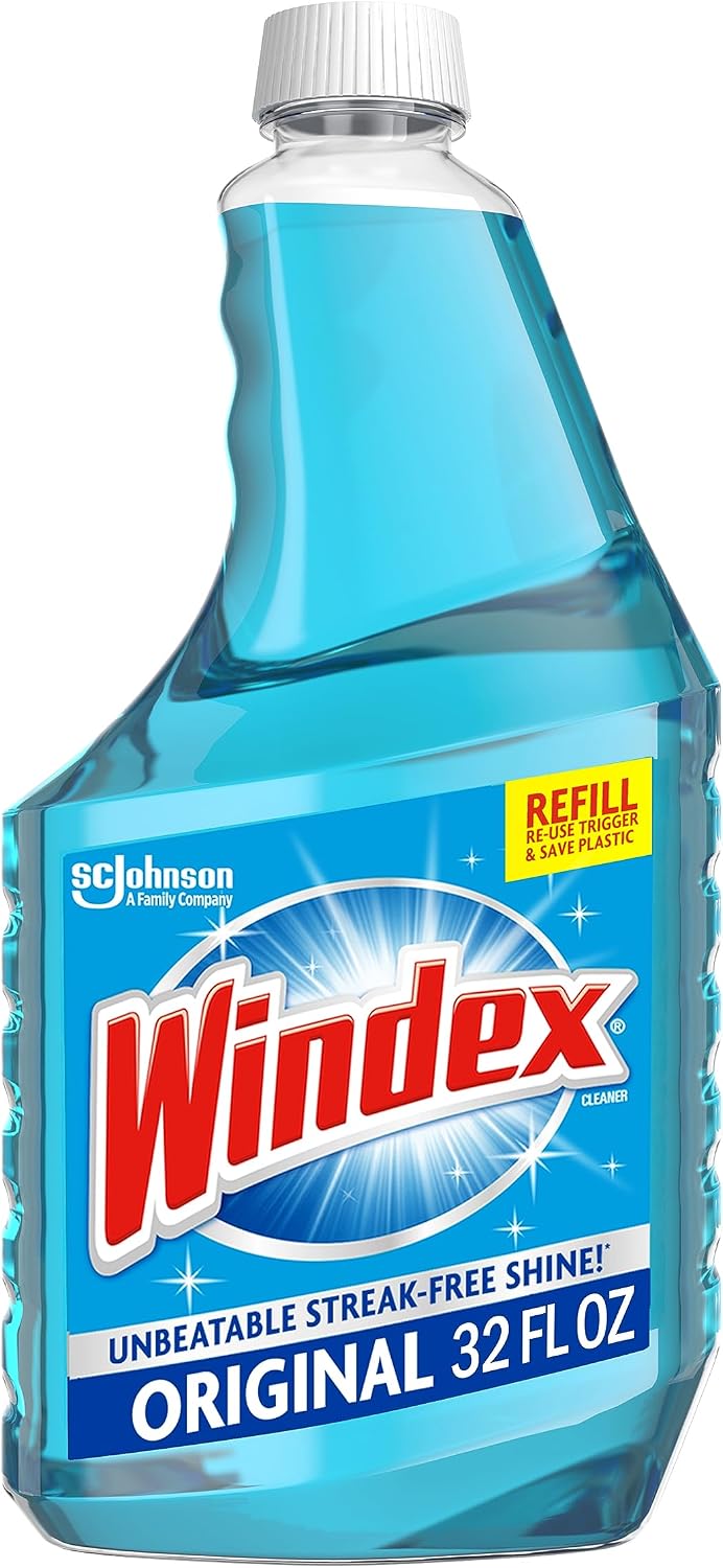 Windex refill glass and window cleaner, made from 100% recycled plastic, surface cleaning spray, original blue scent, 2L (67.6 fl oz)