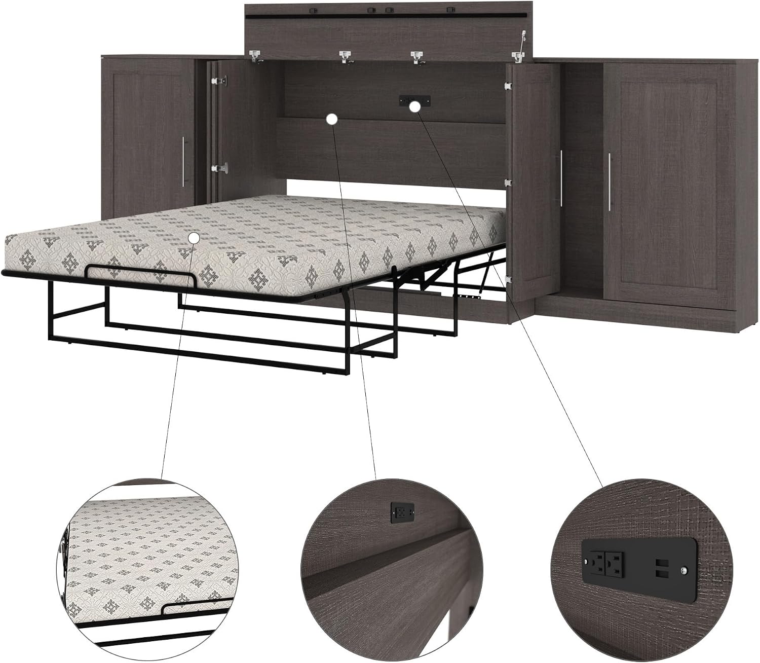 Bestar Pur Full Murphy Bed and 2 Shelving Units with Drawers, 109-inch Space-Saving Sleeping Arrangement in White | 2 Shelving Units with Drawers; supports up to 1000 lb; min. ceiling height 86.4 in.; dual piston mechanism; 10-year warranty