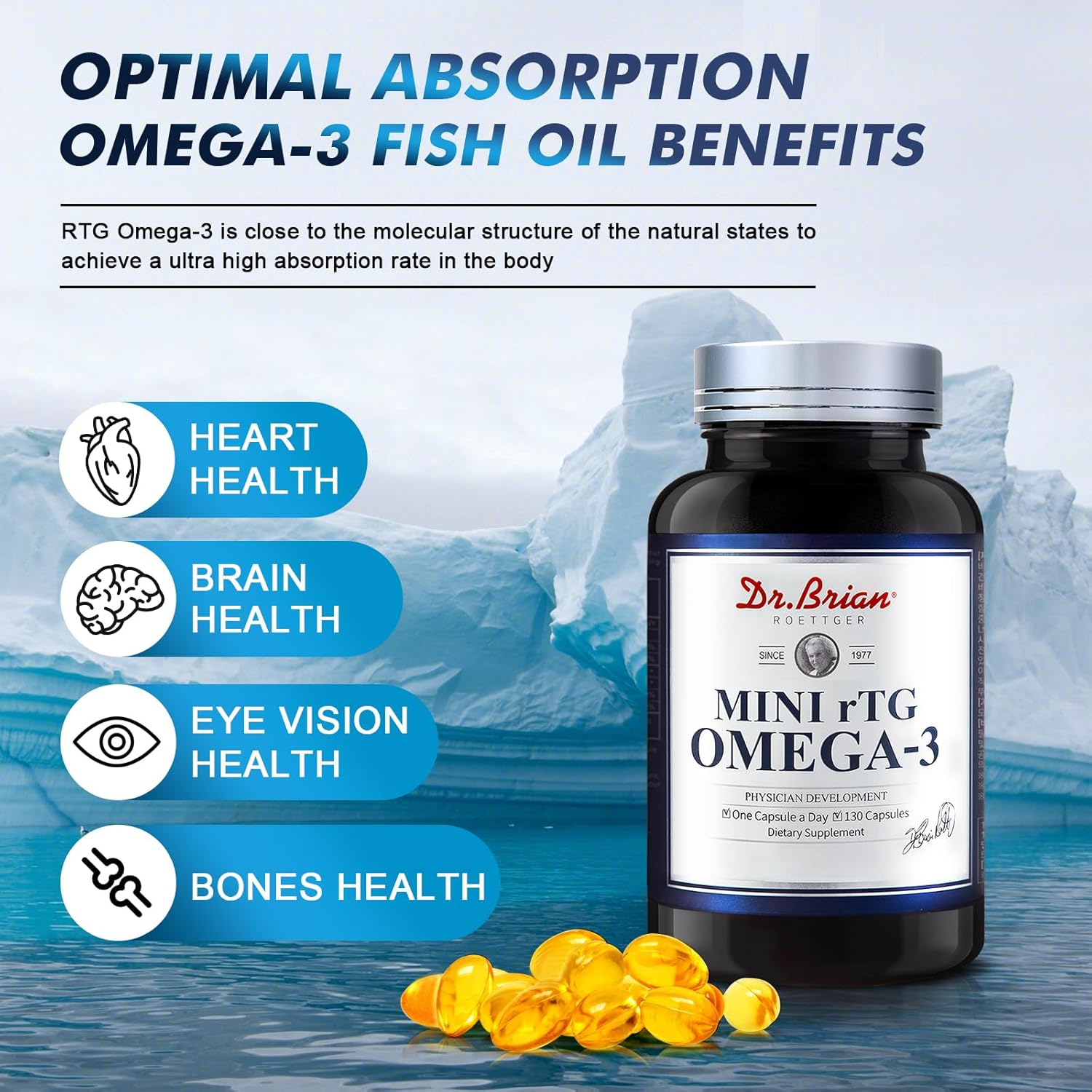Dr.Brian Fish Oil Supplement 130 Softgel, Highly Absorbed rTG Mini Omega 3 Fish Oil Capsule with EPA/DHA Fatty Acids Vitamin D E