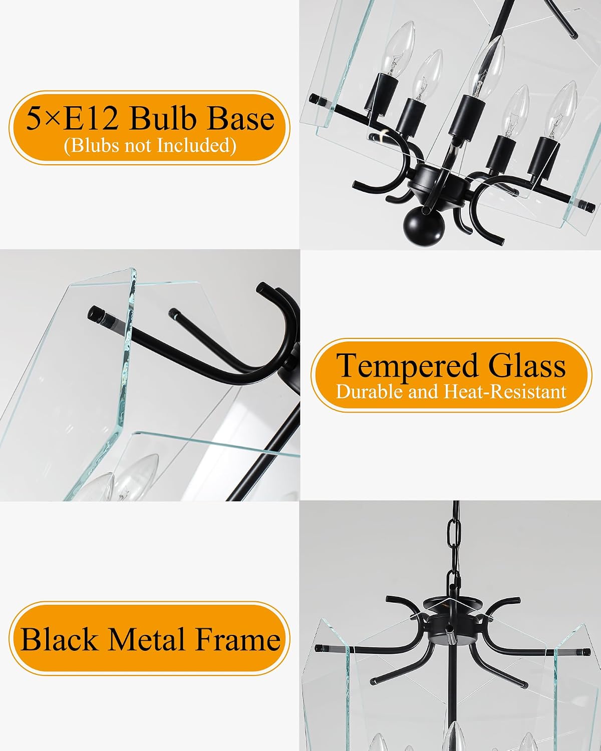 Mid Century Glass Chandelier, Retro Black Chandelier Pendant Light | Height Adjustable, 5-Light E12