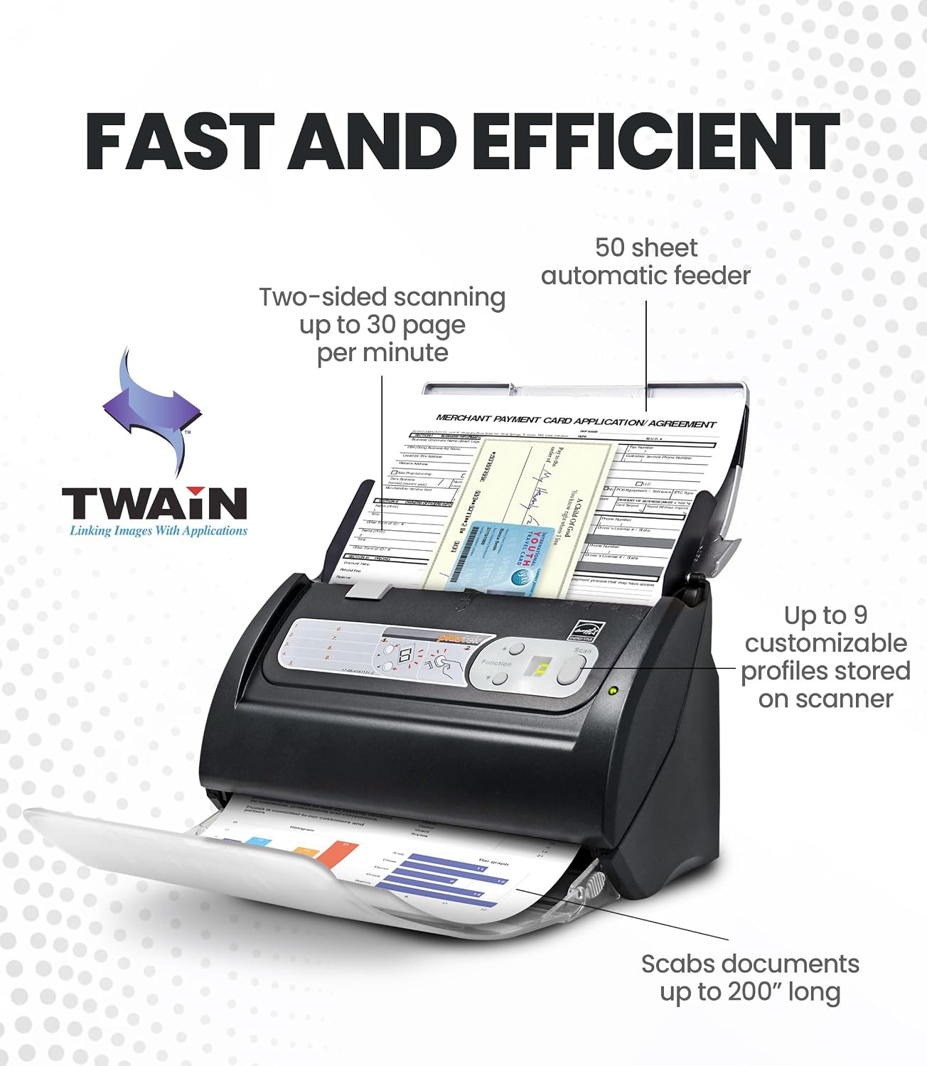 Plustek PS188 High Speed Double-Sided Color Document Scanner, with Automatic Document Feeder (ADF), 30 Pages Per Minute