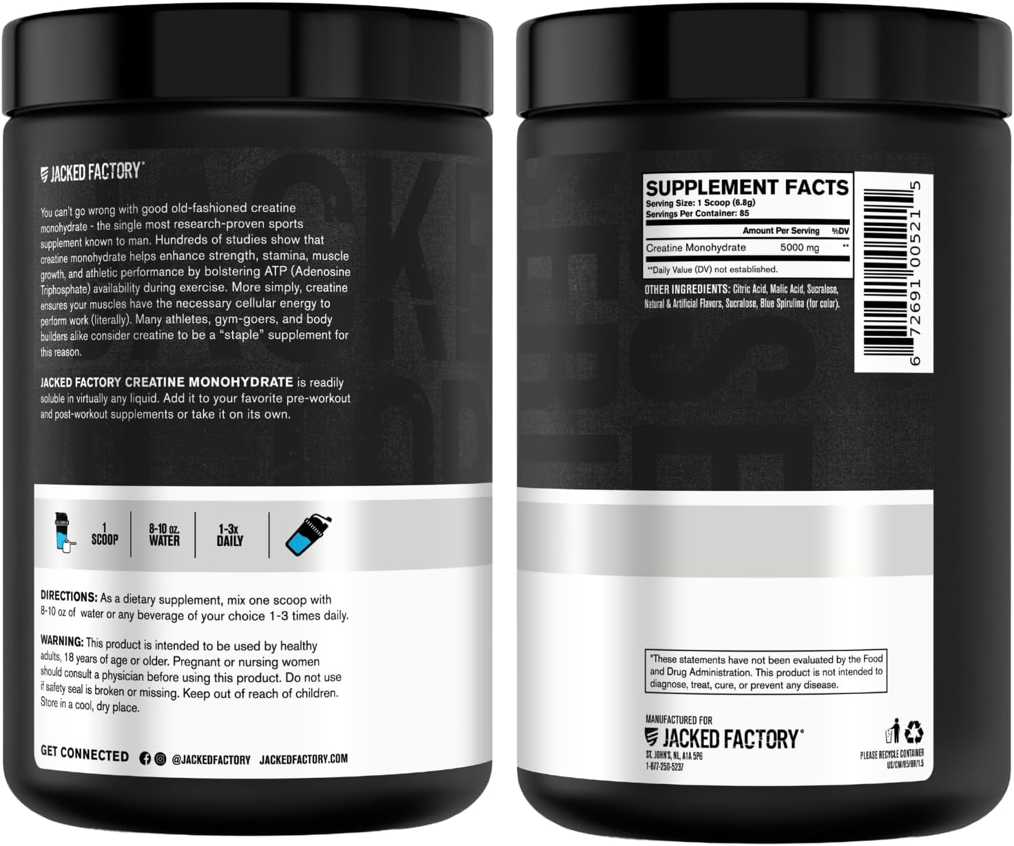 Jacked Factory Creatine Monohydrate Powder 425g - 5g Daily Micronized Creatine Monohydrate for Men and Women, Vegan-Friendly
