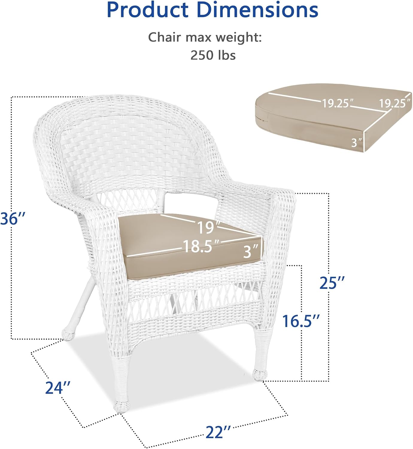 Jeco Wicker Chair with Tan Cushion, Set of 2, White/W00206-
