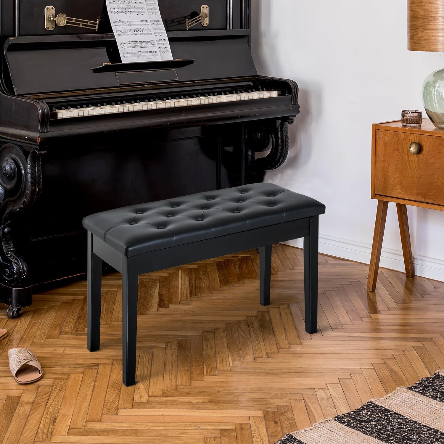 HOMCOM Piano Bench with Faux Leather Padded Cushion, Chestnut Brown | Duet Piano Chair, Wooden Frame, Button Tufted Keyboard Bench
