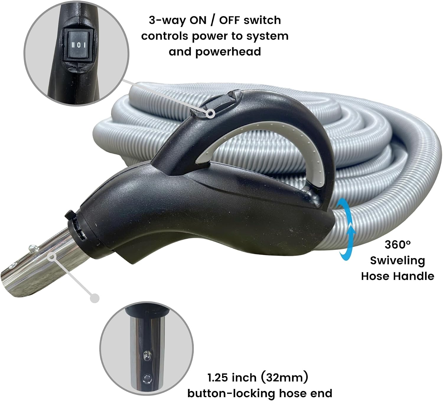 Wessel 30ft Direct Connect Central Vacuum Hose, Dual-Voltage, Crushproof | 120V powerhead & vacuum 3-way switch control; 2-prong connector; ergonomic 360-degree swivel handle; airflow control valve