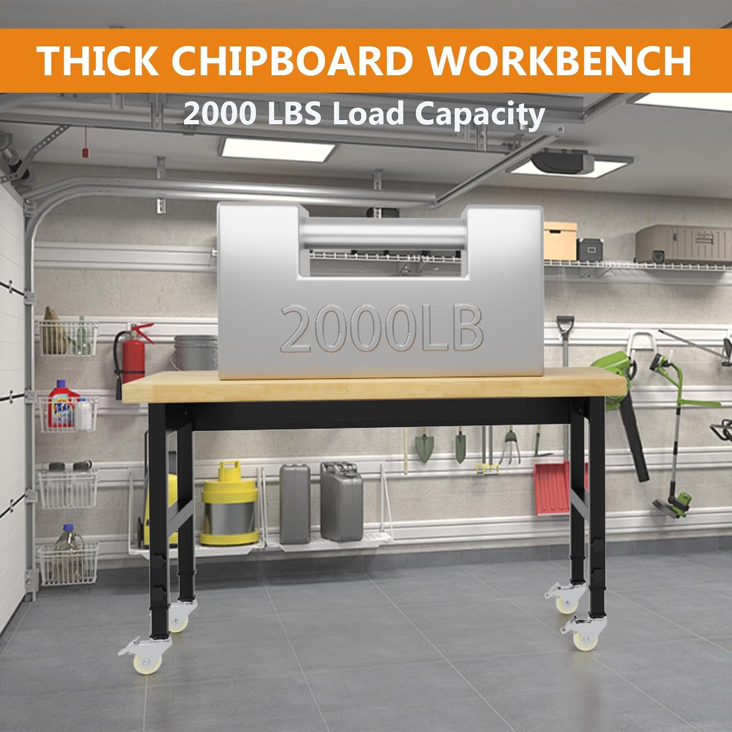 48" Heavy Duty Work Bench with Drawers, Adjustable Height Workbench with Wheels, 2000 LBS Capacity Work Table with Power Outlets for Garage, Workshop, Office, Home